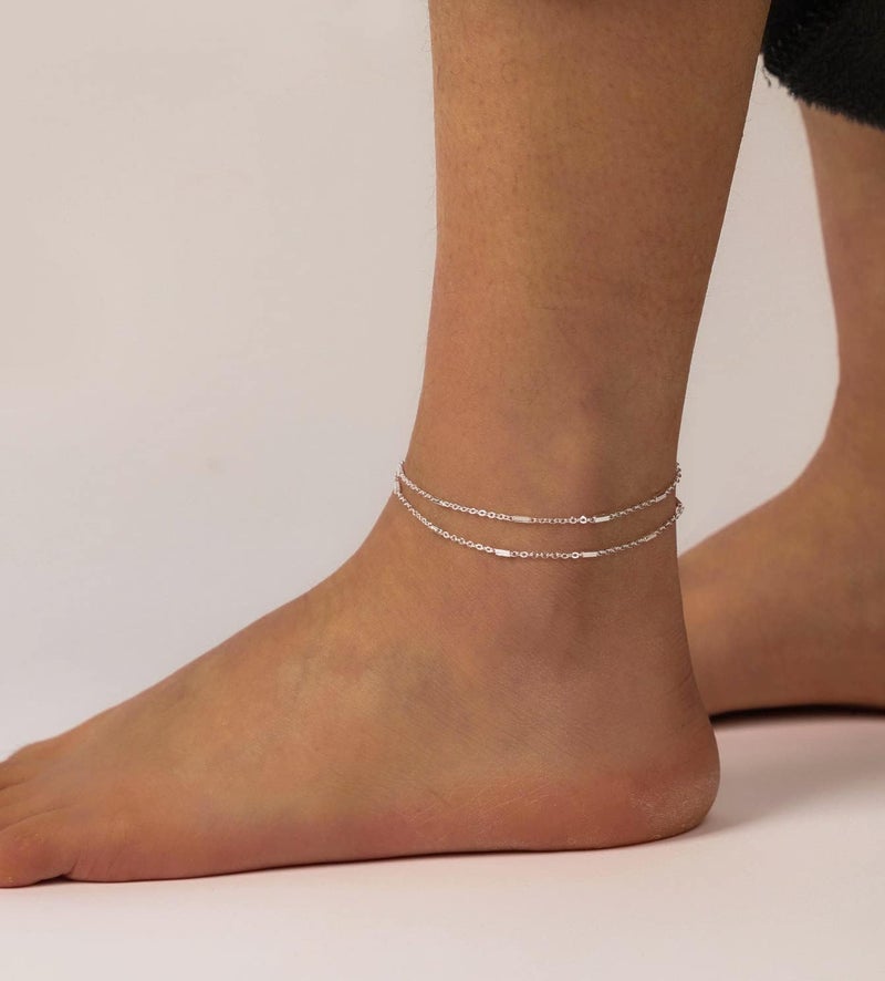 MIDEEO Gold/Silver Ankle Bracelets for Women,14K Gold Anklets for Women Waterproof Cuban Link Heart Beads Herringbone Rhinestone Anklets Set Layered Anklet Bracelets for Women Gold Jewelry Gift - Image 3